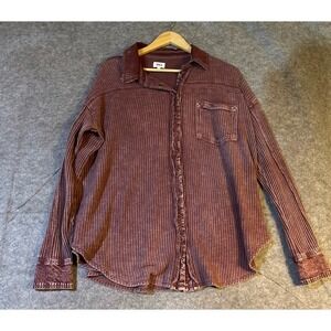 BKE Women's Washed Waffle Knit Shacket Raw Hem Shirt Jacket SmallBoho